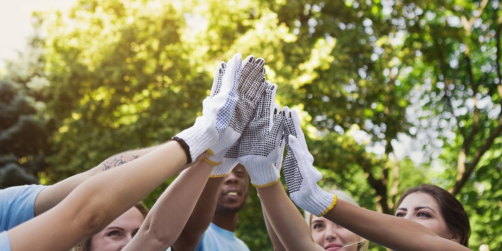 many people wearing white gloves touch hands in front of trees